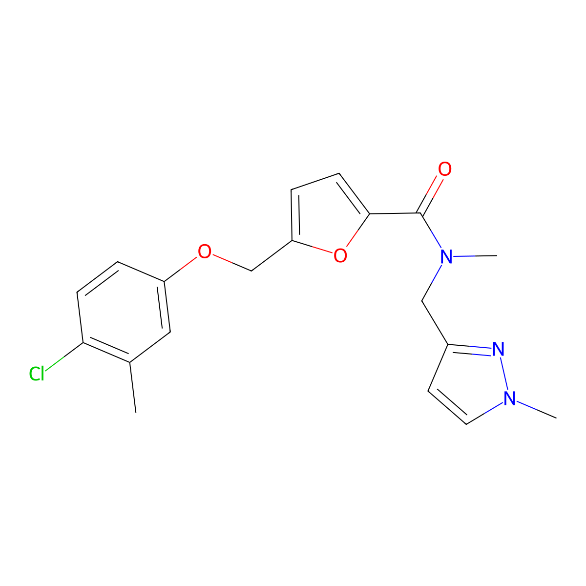 5-[(4-chloro-3-methylphenoxy)methyl]-N-methyl-N-[(1-methylpyrazol-3-yl)methyl]furan-2-carboxamide molecular structure, CAS 1005665-90-6