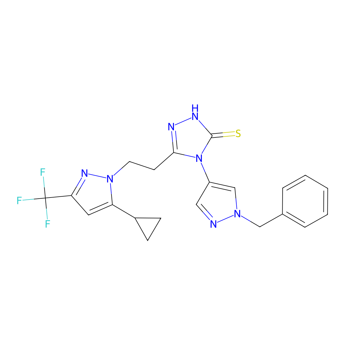 4-(1-benzyl-1H-pyrazol-4-yl)-5-{2-[5-cyclopropyl-3-(trifluoromethyl)-1H-pyrazol-1-yl]ethyl}-4H-1,2,4-triazole-3-thiol molecular structure, CAS 1005666-44-3