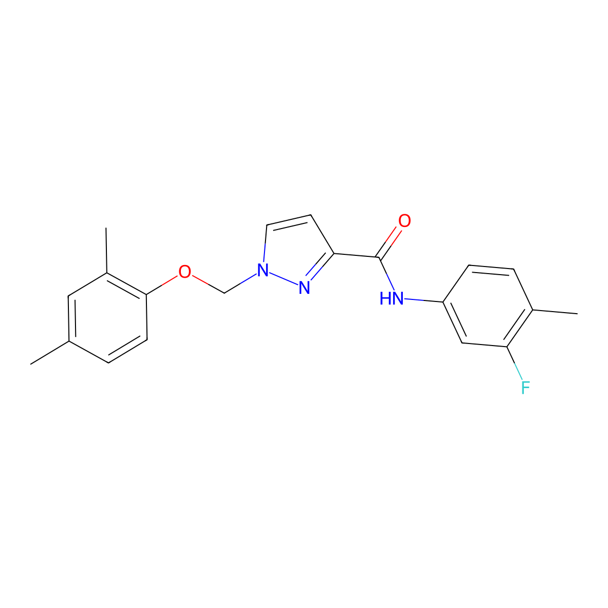 1-[(2,4-dimethylphenoxy)methyl]-N-(3-fluoro-4-methylphenyl)pyrazole-3-carboxamide molecular structure, CAS 1005666-84-1