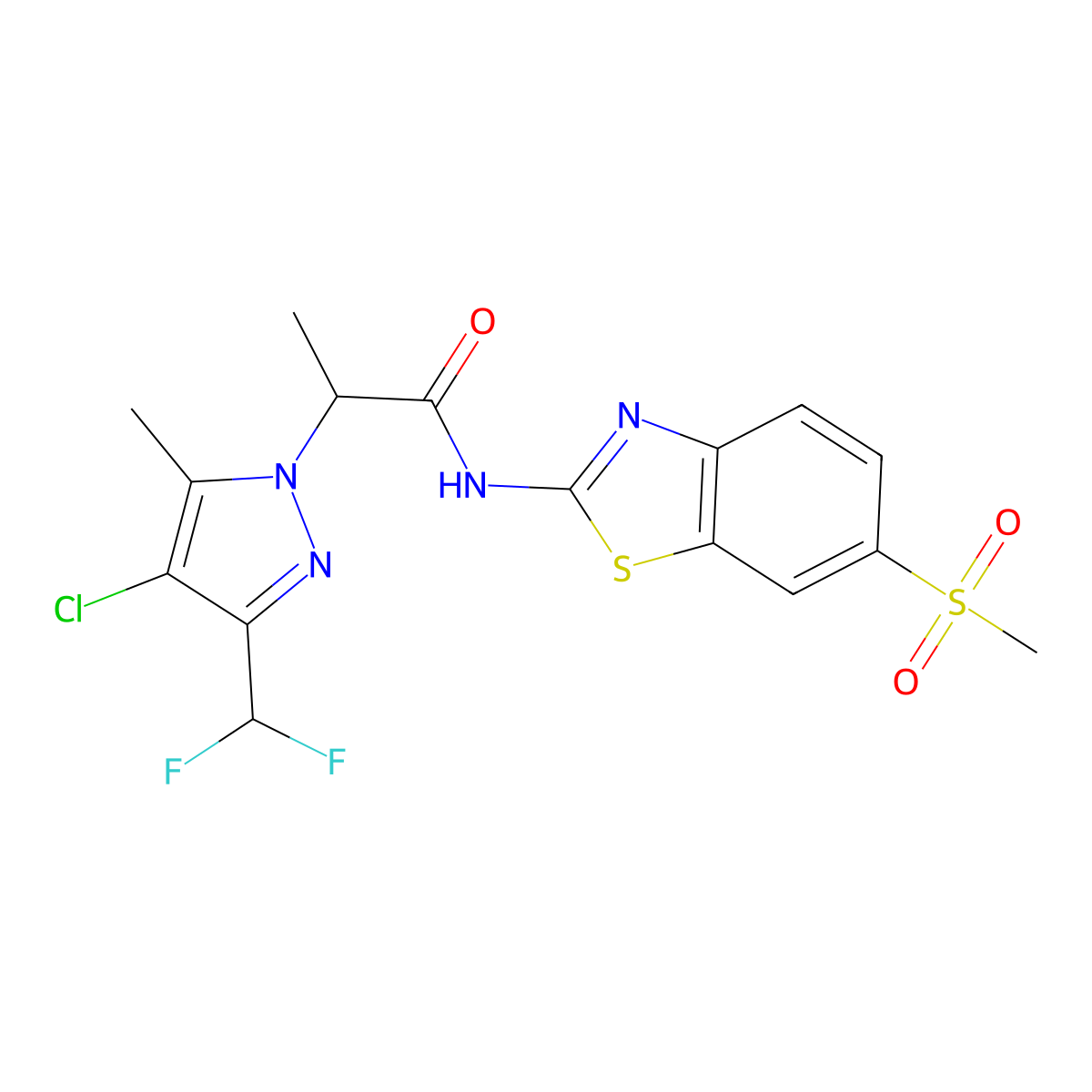 2-[4-chloro-3-(difluoromethyl)-5-methylpyrazol-1-yl]-N-(6-methylsulfonyl-1,3-benzothiazol-2-yl)propanamide molecular structure, CAS 1005666-88-5