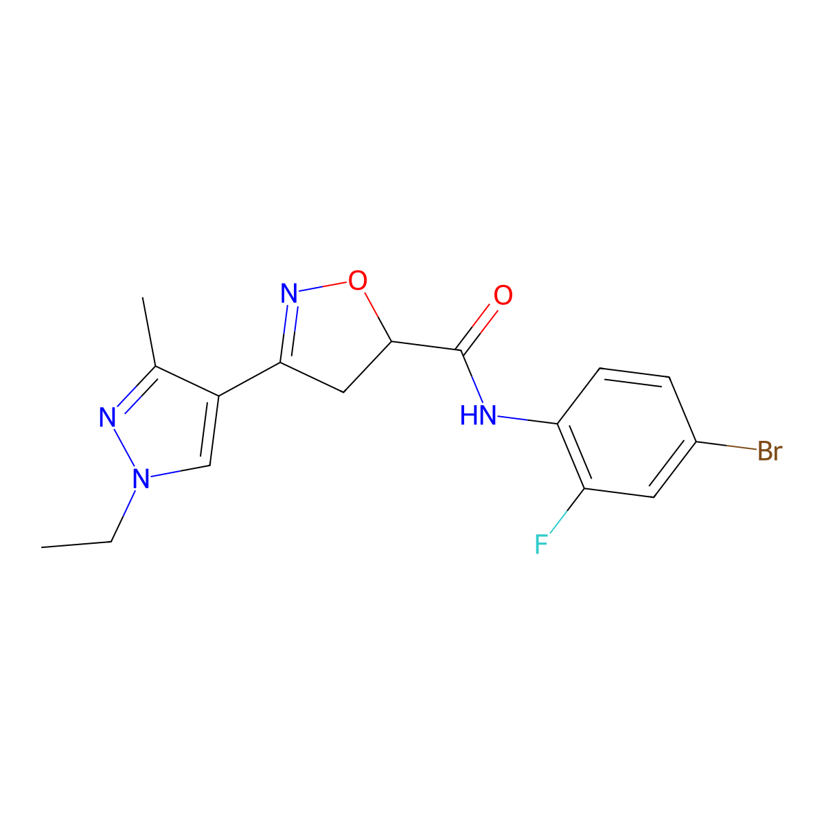 N-(4-bromo-2-fluorophenyl)-3-(1-ethyl-3-methyl-1H-pyrazol-4-yl)-4,5-dihydro-1,2-oxazole-5-carboxamide molecular structure, CAS 1005667-09-3