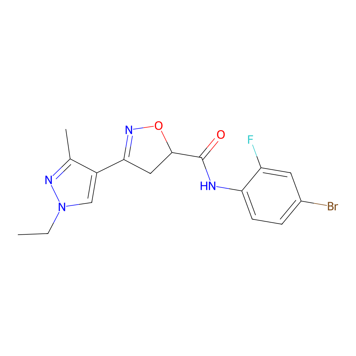 N-(4-bromo-2-fluorophenyl)-3-(1-ethyl-3-methyl-1H-pyrazol-4-yl)-4,5-dihydro-1,2-oxazole-5-carboxamide molecular structure, CAS 1005667-09-3