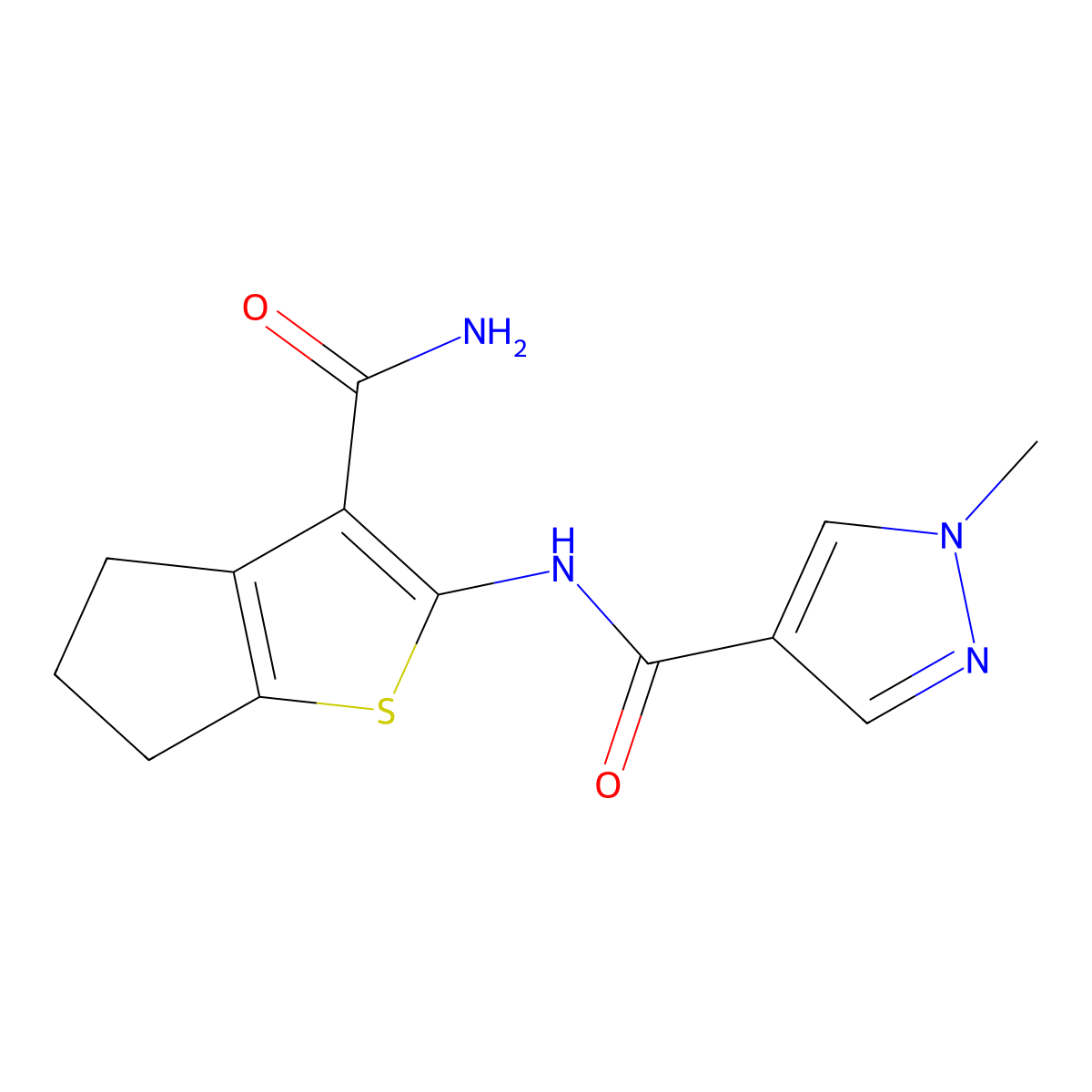N-(3-carbamoyl-5,6-dihydro-4H-cyclopenta[b]thiophen-2-yl)-1-methylpyrazole-4-carboxamide molecular structure, CAS 1005667-10-6