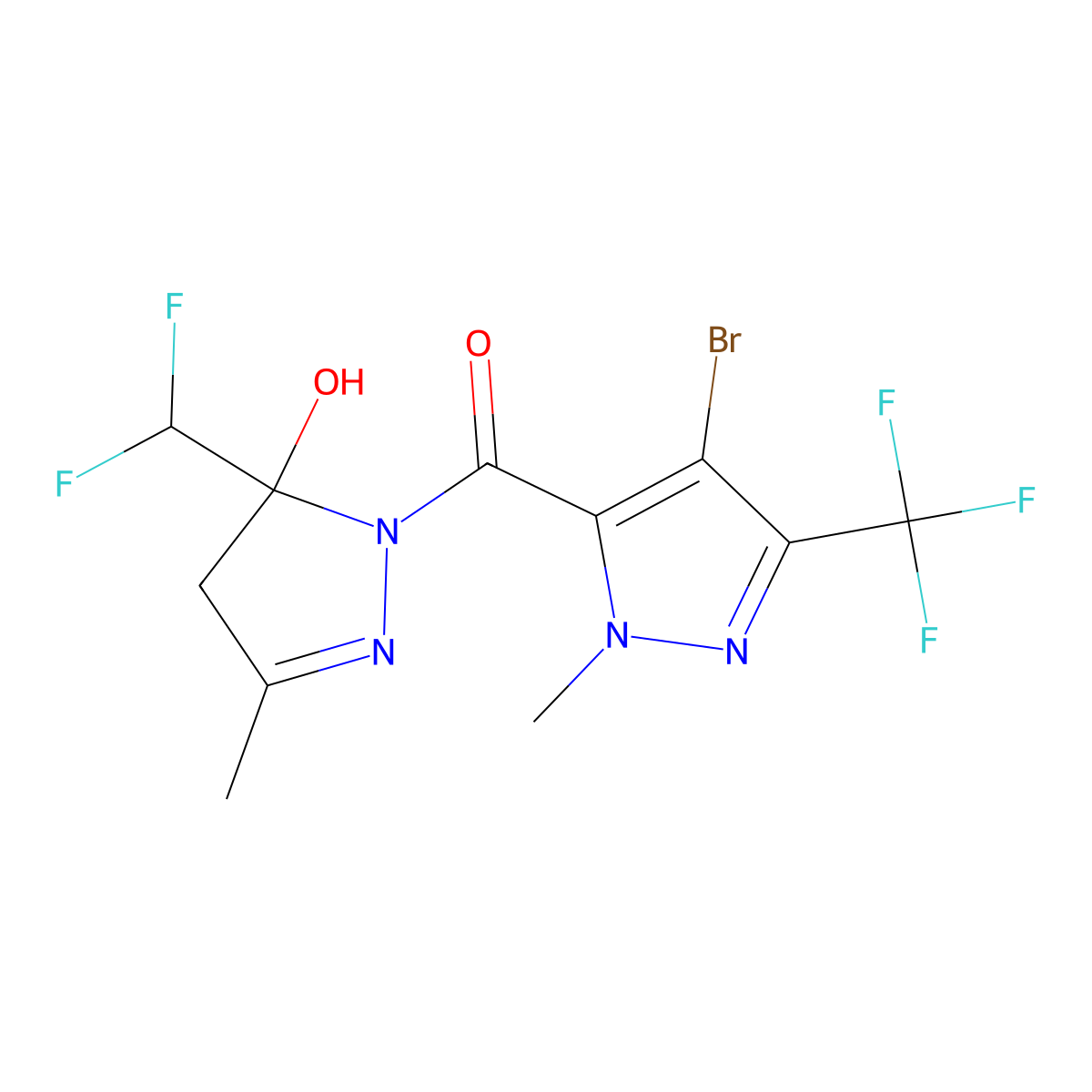 [4-bromo-2-methyl-5-(trifluoromethyl)pyrazol-3-yl]-[5-(difluoromethyl)-5-hydroxy-3-methyl-4H-pyrazol-1-yl]methanone molecular structure, CAS 1005667-34-4