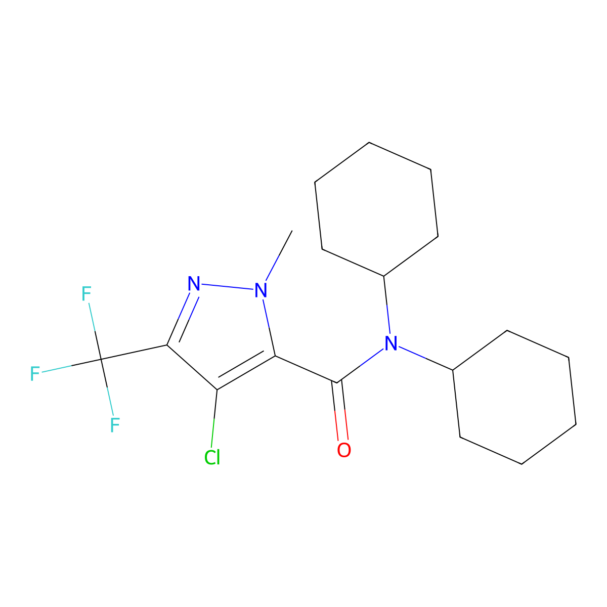 4-chloro-N,N-dicyclohexyl-2-methyl-5-(trifluoromethyl)pyrazole-3-carboxamide molecular structure, CAS 1005667-42-4