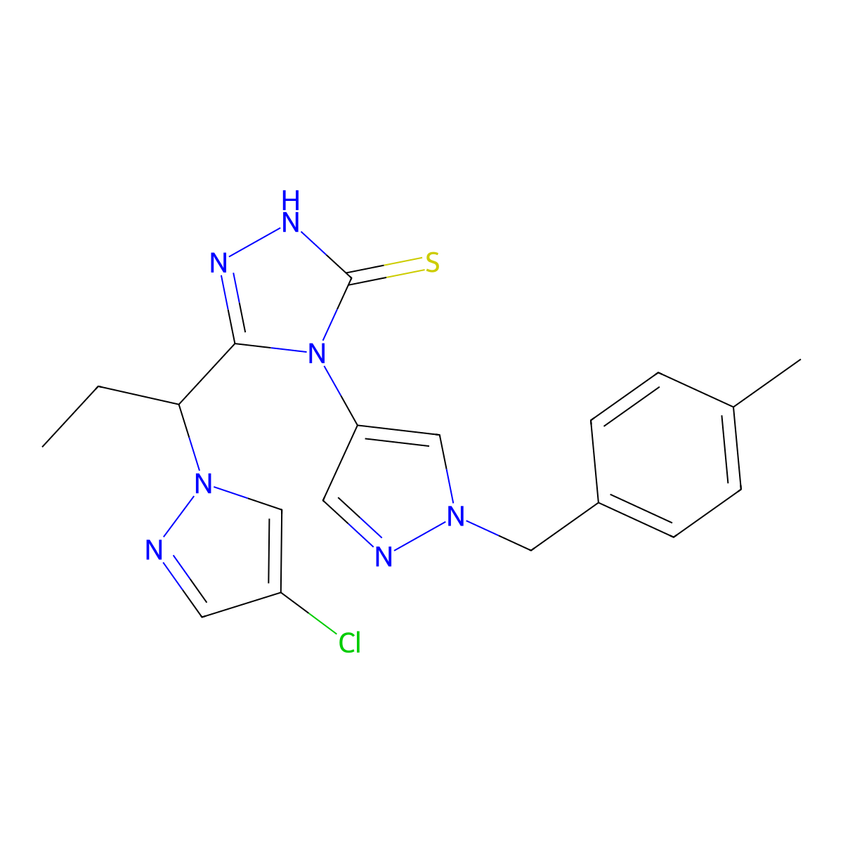 5-[1-(4-chloro-1H-pyrazol-1-yl)propyl]-4-[1-(4-methylbenzyl)-1H-pyrazol-4-yl]-4H-1,2,4-triazole-3-thiol molecular structure, CAS 1005667-53-7