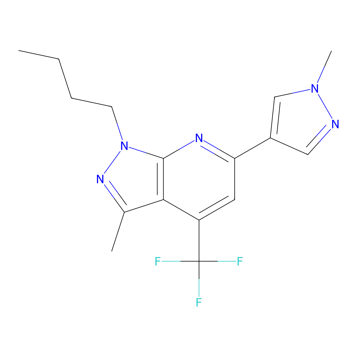 1-butyl-3-methyl-6-(1-methyl-1H-pyrazol-4-yl)-4-(trifluoromethyl)-1H-pyrazolo[3,4-b]pyridine molecular structure, CAS 1005667-70-8