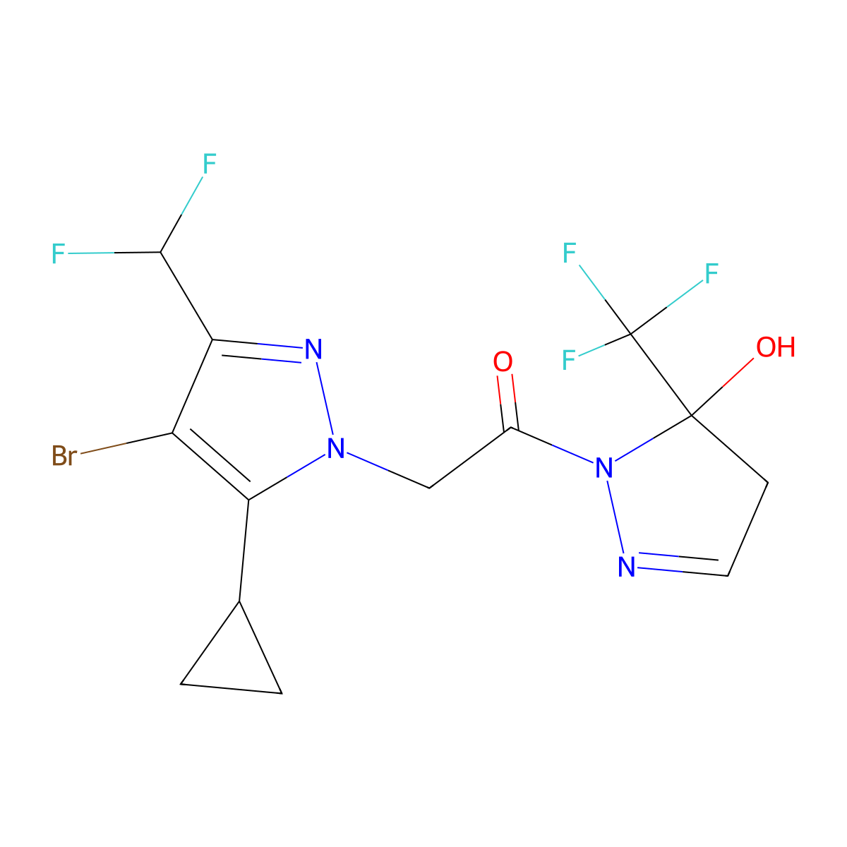 2-[4-bromo-5-cyclopropyl-3-(difluoromethyl)-1H-pyrazol-1-yl]-1-[5-hydroxy-5-(trifluoromethyl)-4,5-dihydro-1H-pyrazol-1-yl]ethanone molecular structure, CAS 1005668-09-6