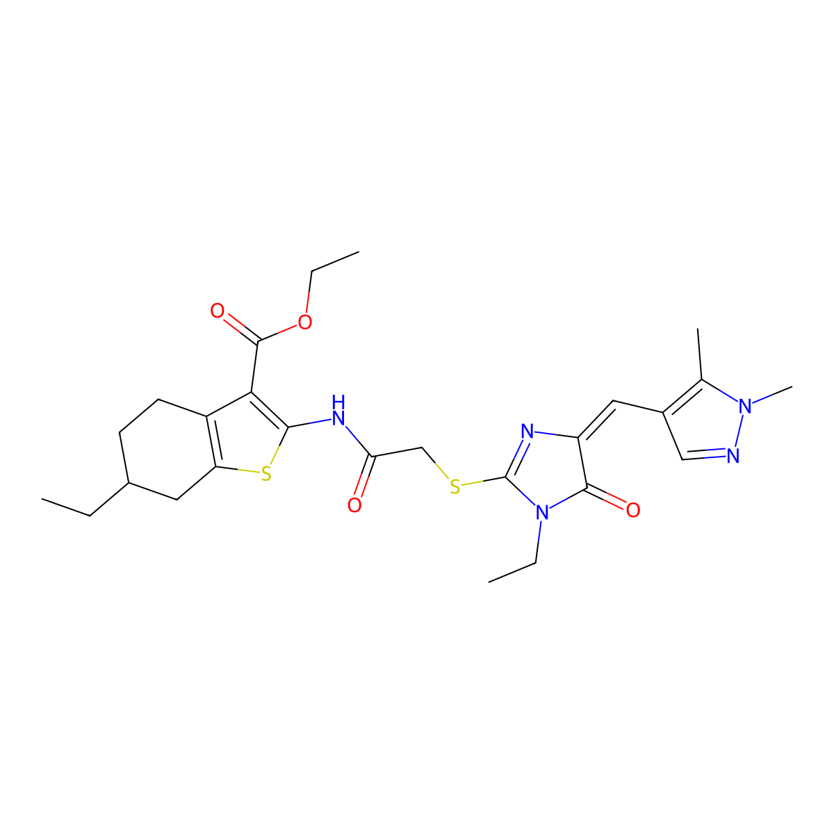 Ethyl 2-[[2-[[4-[(1,5-dimethyl-1H-pyrazol-4-yl)methylene]-1-ethyl-4,5-dihydro-5-oxo-1H-imidazol-2-yl]thio]acetyl]amino]-6-ethyl-4,5,6,7-tetrahydrobenzo[b]thiophene-3-carboxylate molecular structure, CAS 1005668-55-2