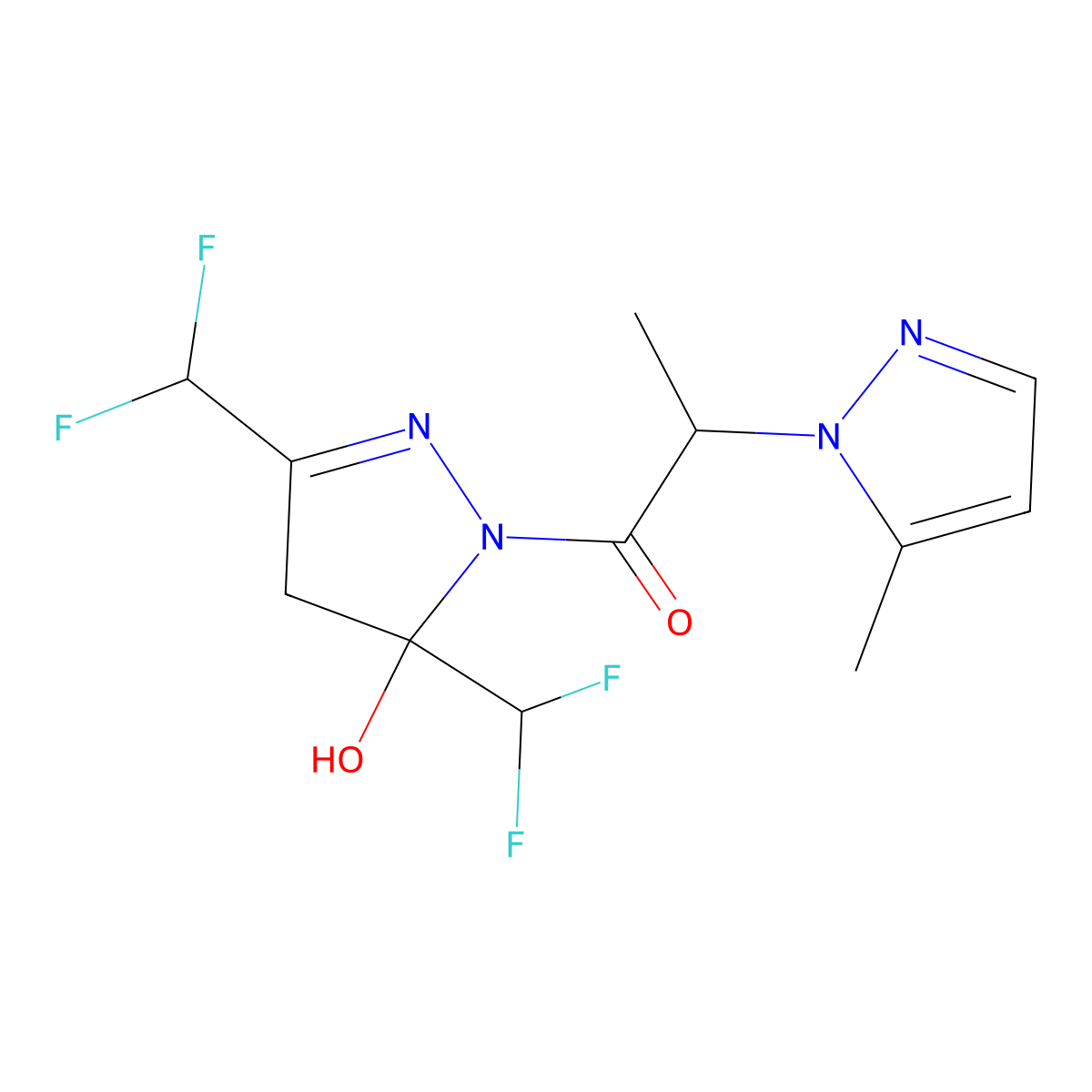 1-[3,5-bis(difluoromethyl)-5-hydroxy-4,5-dihydro-1H-pyrazol-1-yl]-2-(5-methyl-1H-pyrazol-1-yl)propan-1-one molecular structure, CAS 1005668-78-9