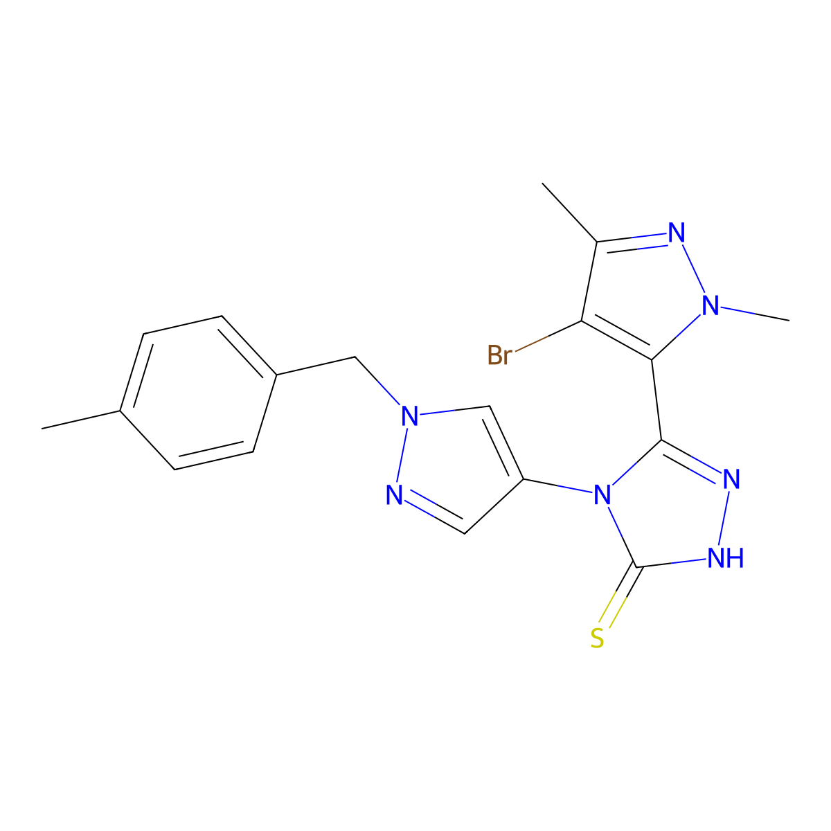 5-(4-bromo-1,3-dimethyl-1H-pyrazol-5-yl)-4-[1-(4-methylbenzyl)-1H-pyrazol-4-yl]-4H-1,2,4-triazole-3-thiol molecular structure, CAS 1005668-95-0