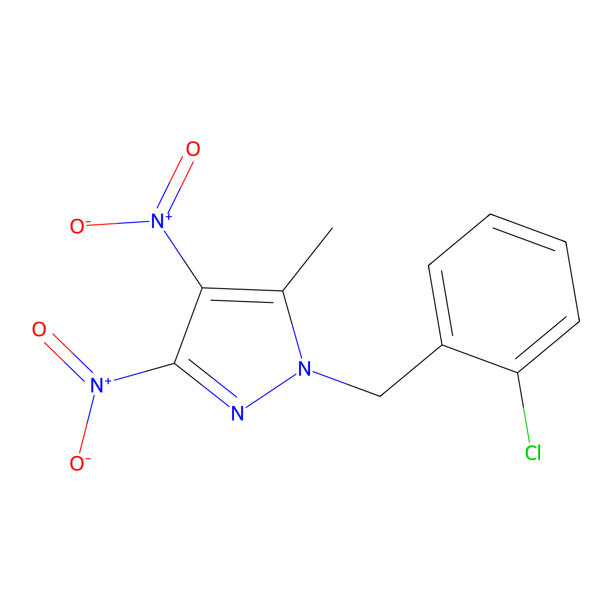 1-(2-chlorobenzyl)-5-methyl-3,4-dinitro-1H-pyrazole molecular structure, CAS 1005669-24-8