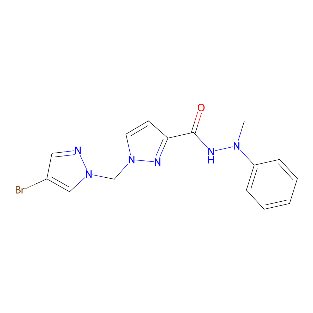 1-((4-Bromo-1H-pyrazol-1-yl)methyl)-1H-pyrazole-3-carboxylic acid 2-methyl-2-phenylhydrazide molecular structure, CAS 1005669-32-8