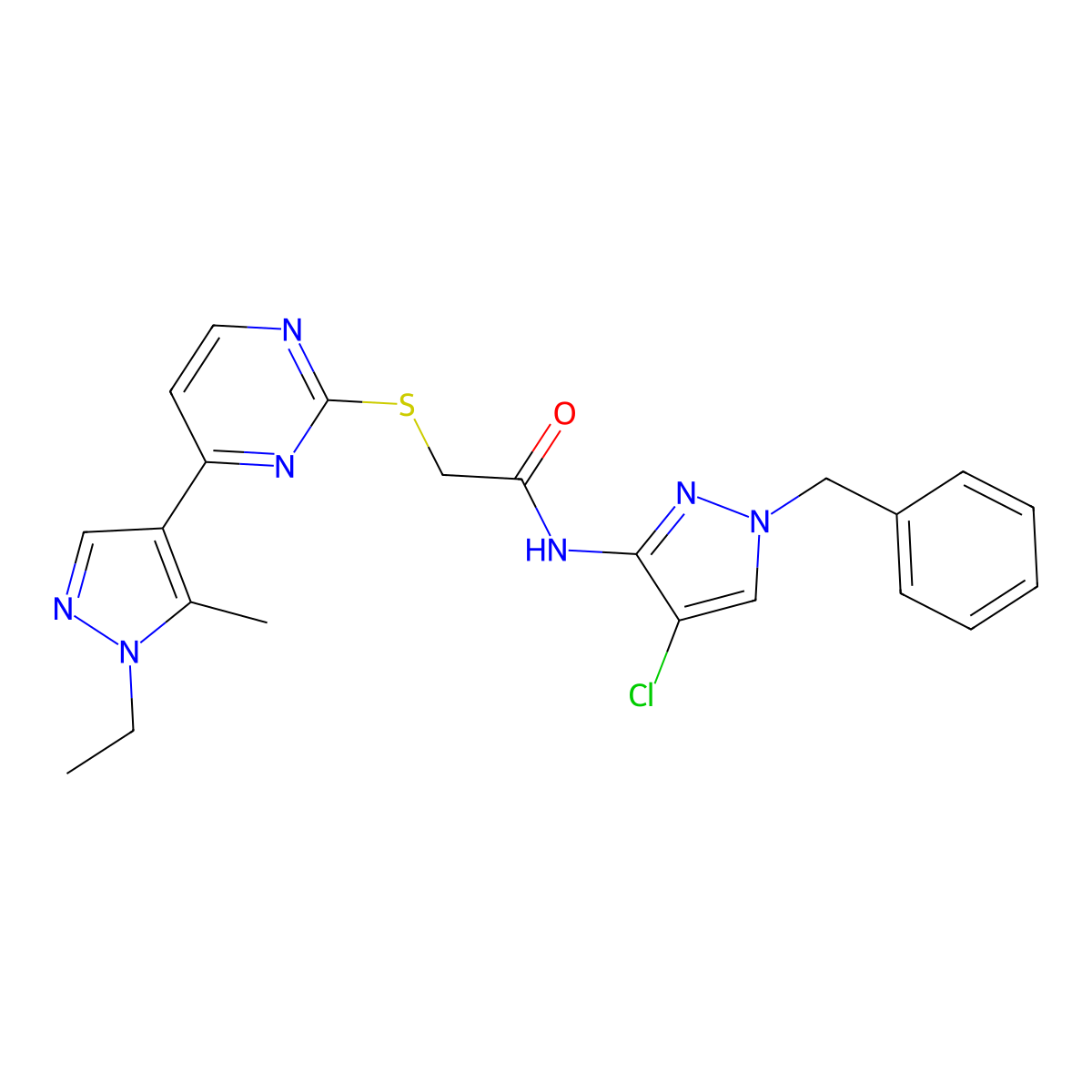 N-(1-benzyl-4-chloro-1H-pyrazol-3-yl)-2-{[4-(1-ethyl-5-methyl-1H-pyrazol-4-yl)pyrimidin-2-yl]sulfanyl}acetamide molecular structure, CAS 1005669-42-0