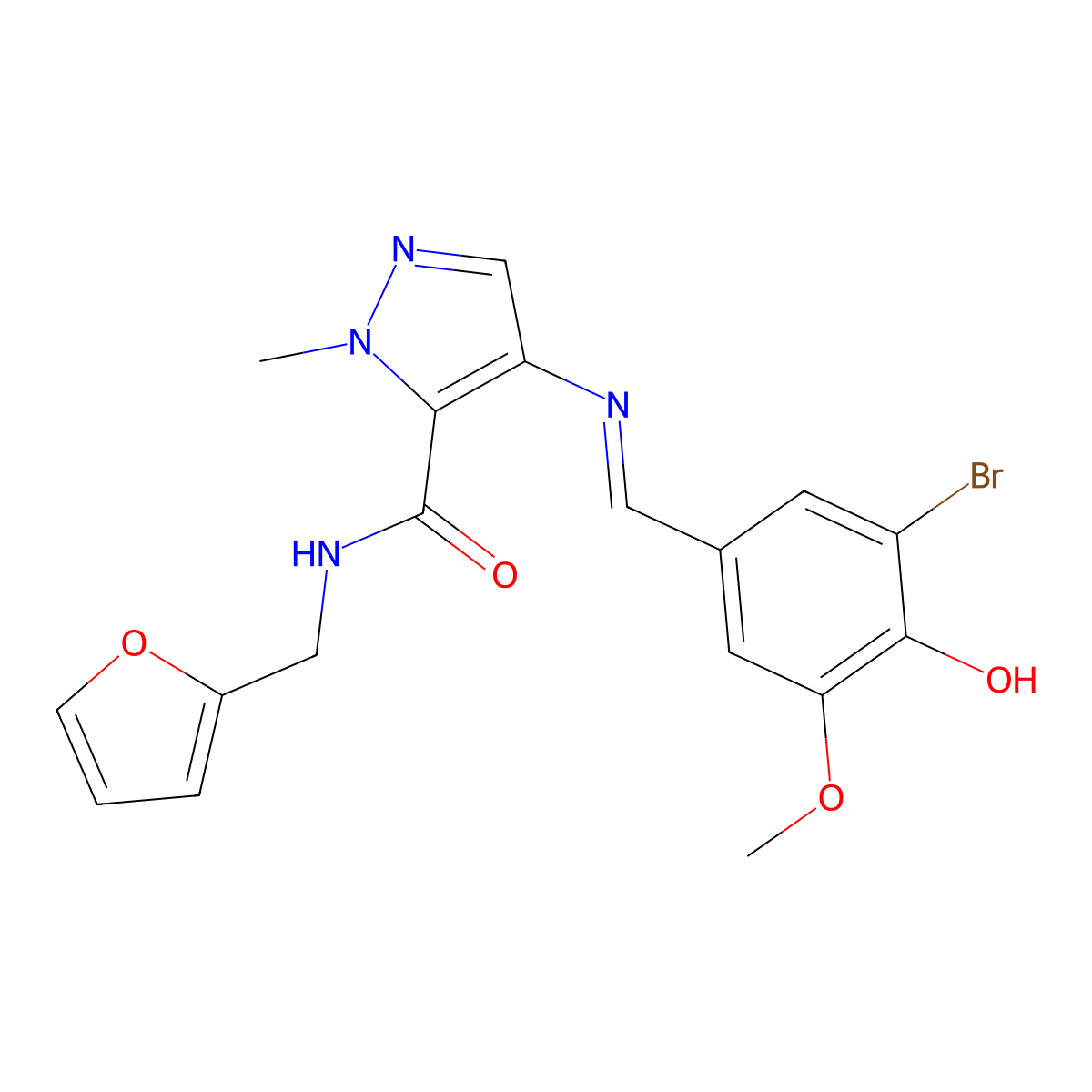 4-{[(E)-(3-bromo-4-hydroxy-5-methoxyphenyl)methylidene]amino}-N-(furan-2-ylmethyl)-1-methyl-1H-pyrazole-5-carboxamide molecular structure, CAS 1005669-66-8