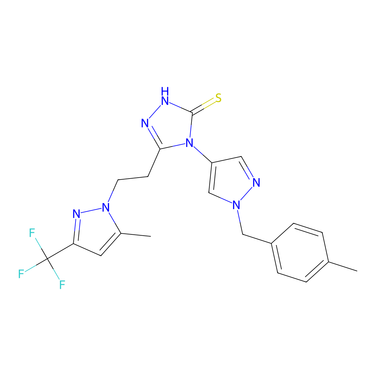 4-[1-(4-methylbenzyl)-1H-pyrazol-4-yl]-5-{2-[5-methyl-3-(trifluoromethyl)-1H-pyrazol-1-yl]ethyl}-4H-1,2,4-triazole-3-thiol molecular structure, CAS 1005669-71-5
