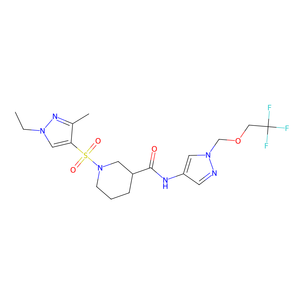 1-[(1-ethyl-3-methyl-1H-pyrazol-4-yl)sulfonyl]-N-{1-[(2,2,2-trifluoroethoxy)methyl]-1H-pyrazol-4-yl}piperidine-3-carboxamide molecular structure, CAS 1005669-84-0