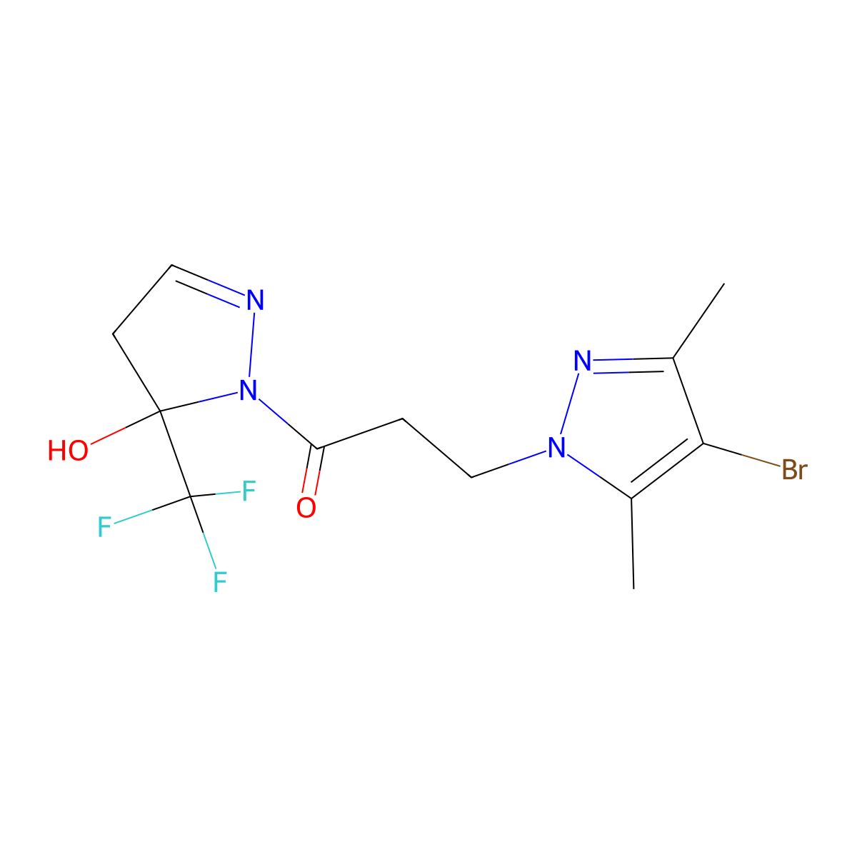 3-(4-bromo-3,5-dimethyl-1H-pyrazol-1-yl)-1-[5-hydroxy-5-(trifluoromethyl)-4,5-dihydro-1H-pyrazol-1-yl]propan-1-one molecular structure, CAS 1005669-91-9