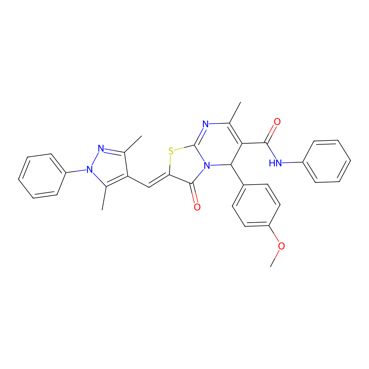 2-[(3,5-Dimethyl-1-phenyl-1H-pyrazol-4-yl)methylene]-2,3-dihydro-5-(4-methoxyphenyl)-7-methyl-3-oxo-N-phenyl-5H-thiazolo[3,2-a]pyrimidine-6-carboxamide molecular structure, CAS 1005669-97-5