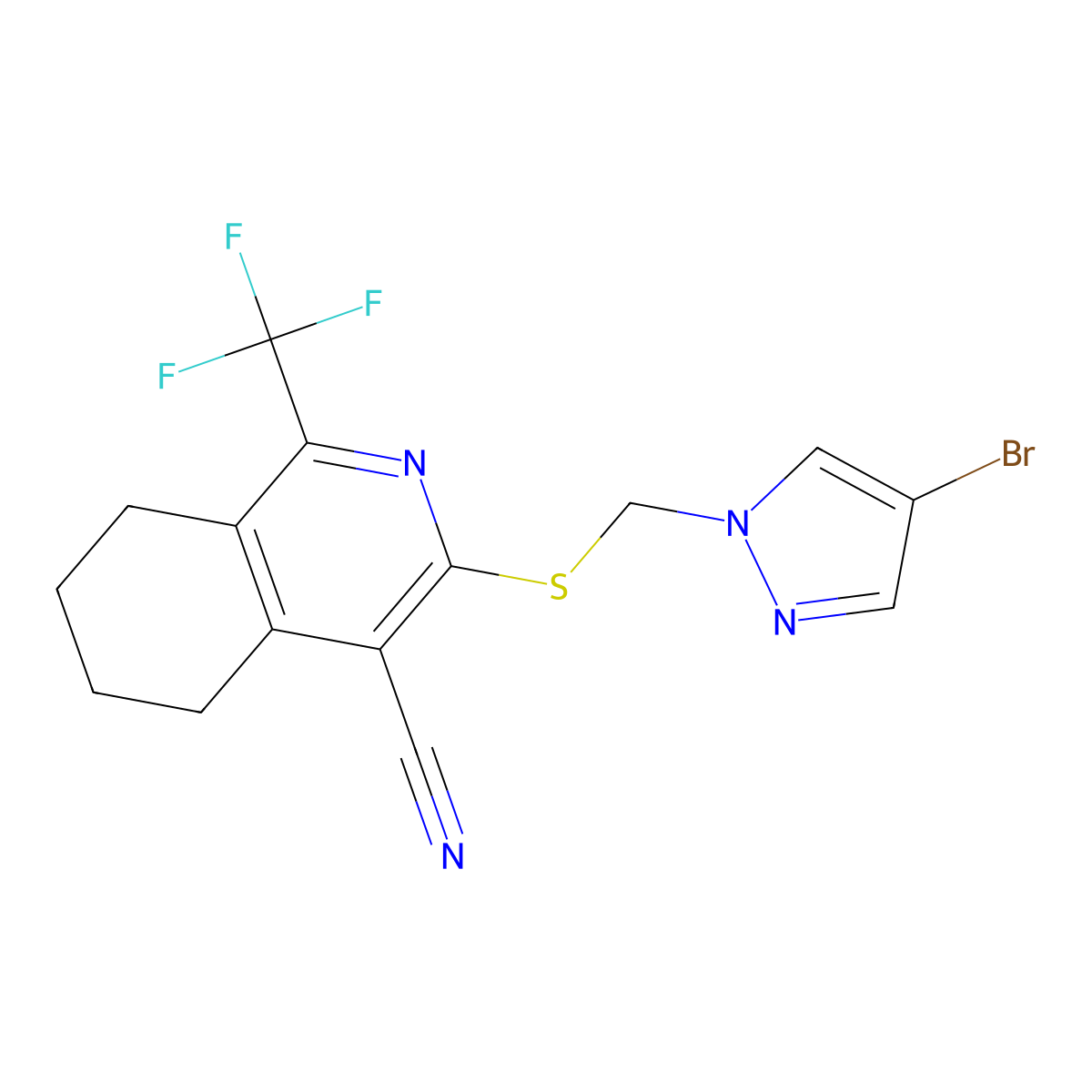 3-(((4-Bromo-1H-pyrazol-1-yl)methyl)thio)-5,6,7,8-tetrahydro-1-(trifluoromethyl)-4-isoquinolinecarbonitrile molecular structure, CAS 1005670-05-2