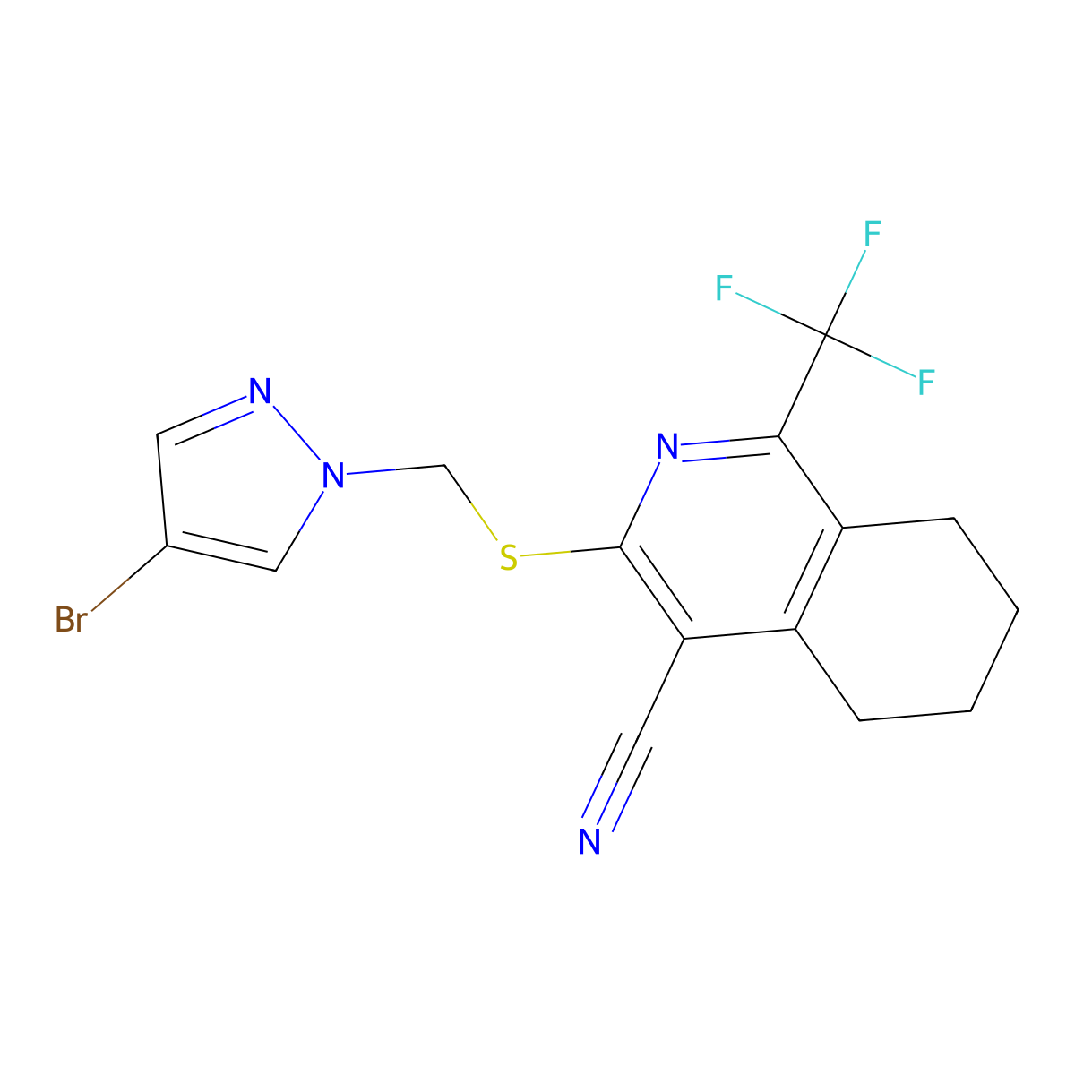 3-(((4-Bromo-1H-pyrazol-1-yl)methyl)thio)-5,6,7,8-tetrahydro-1-(trifluoromethyl)-4-isoquinolinecarbonitrile molecular structure, CAS 1005670-05-2