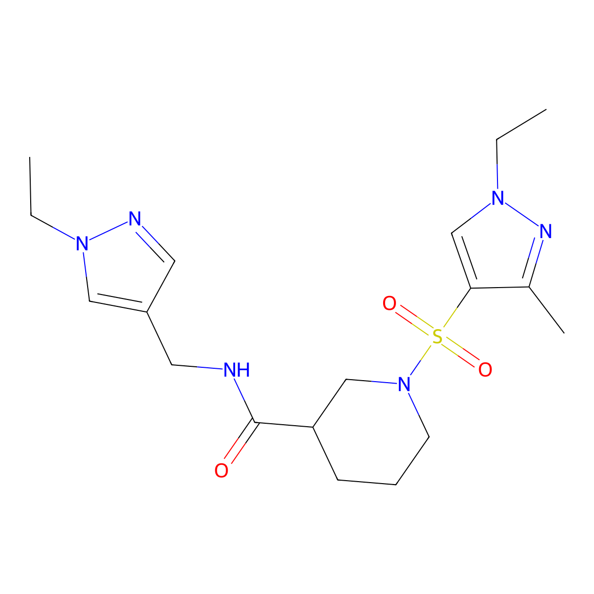 1-[(1-ethyl-3-methyl-1H-pyrazol-4-yl)sulfonyl]-N-[(1-ethyl-1H-pyrazol-4-yl)methyl]piperidine-3-carboxamide molecular structure, CAS 1005670-28-9