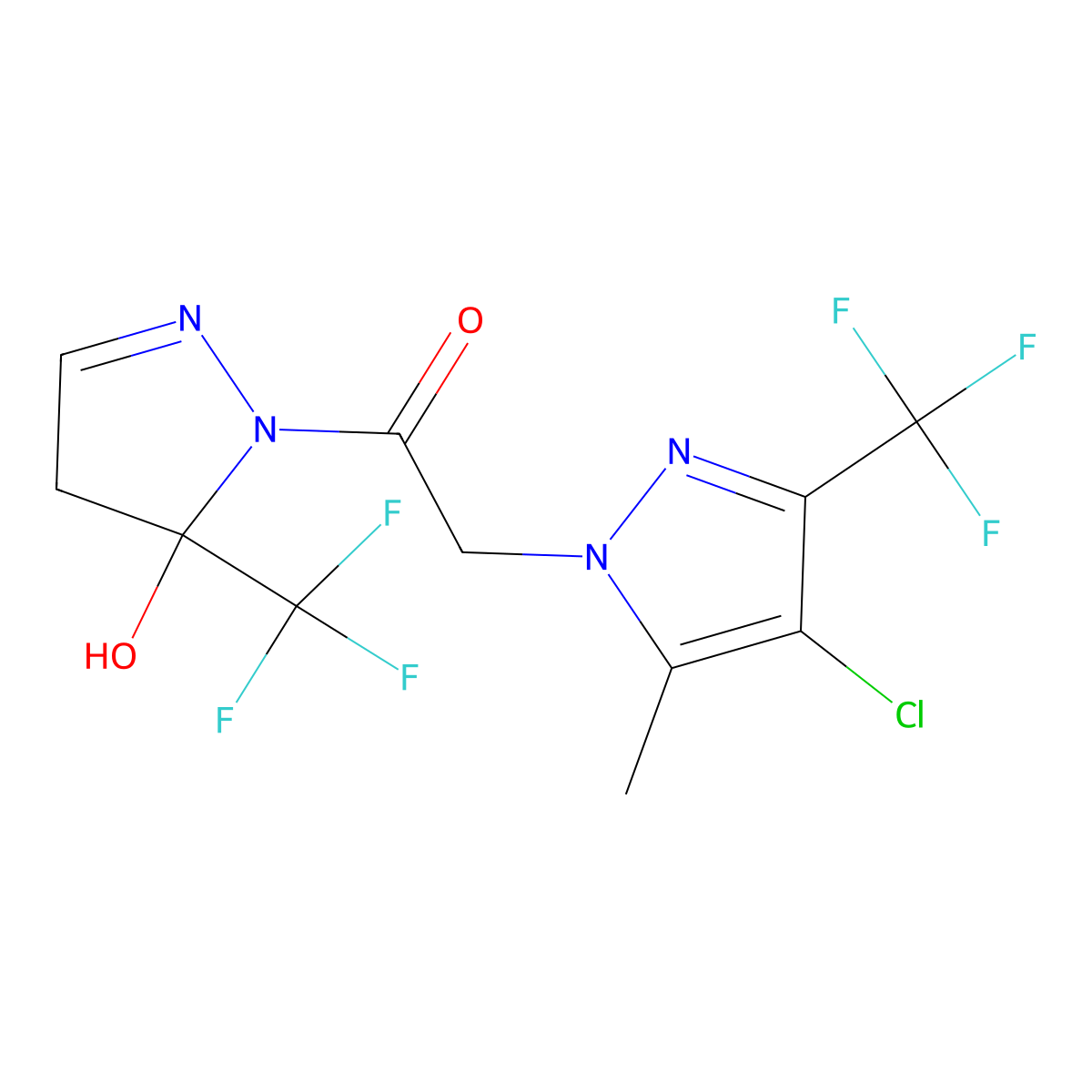 2-[4-chloro-5-methyl-3-(trifluoromethyl)-1H-pyrazol-1-yl]-1-[5-hydroxy-5-(trifluoromethyl)-4,5-dihydro-1H-pyrazol-1-yl]ethanone molecular structure, CAS 1005670-35-8