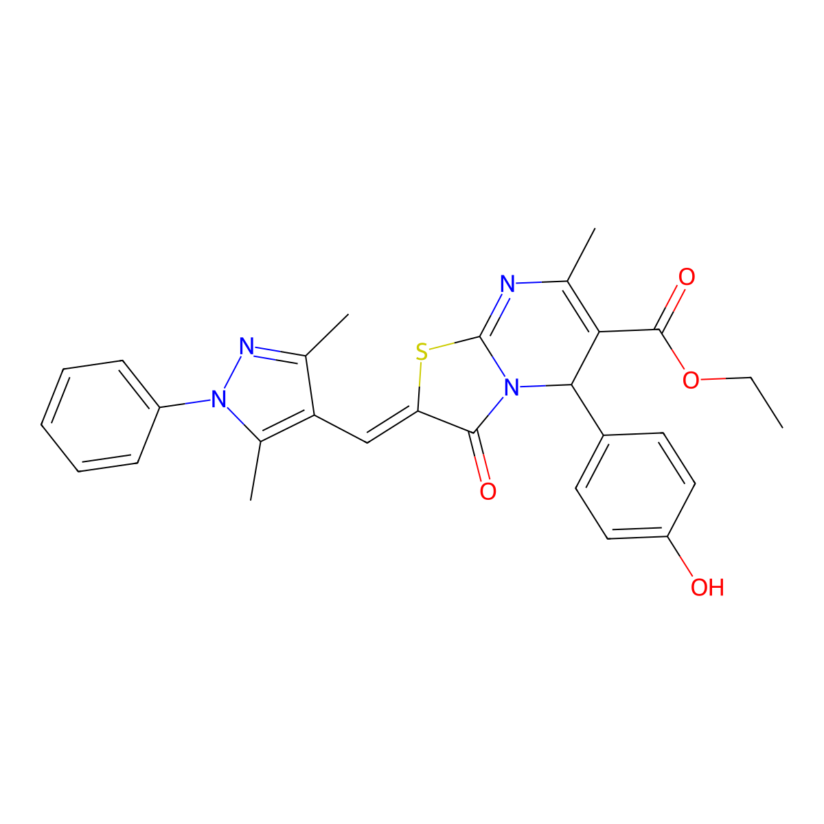 Ethyl 2-[(3,5-dimethyl-1-phenyl-1H-pyrazol-4-yl)methylene]-2,3-dihydro-5-(4-hydroxyphenyl)-7-methyl-3-oxo-5H-thiazolo[3,2-a]pyrimidine-6-carboxylate molecular structure, CAS 1005670-44-9