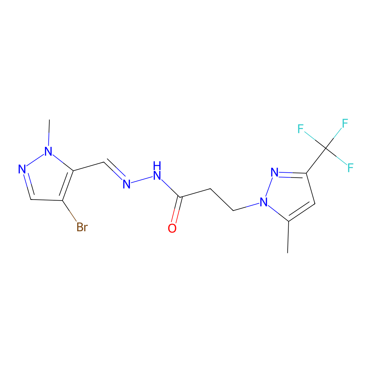 5-Methyl-3-(trifluoromethyl)-1H-pyrazole-1-propanoic acid 2-[(4-bromo-1-methyl-1H-pyrazol-5-yl)methylene]hydrazide molecular structure, CAS 1005670-51-8