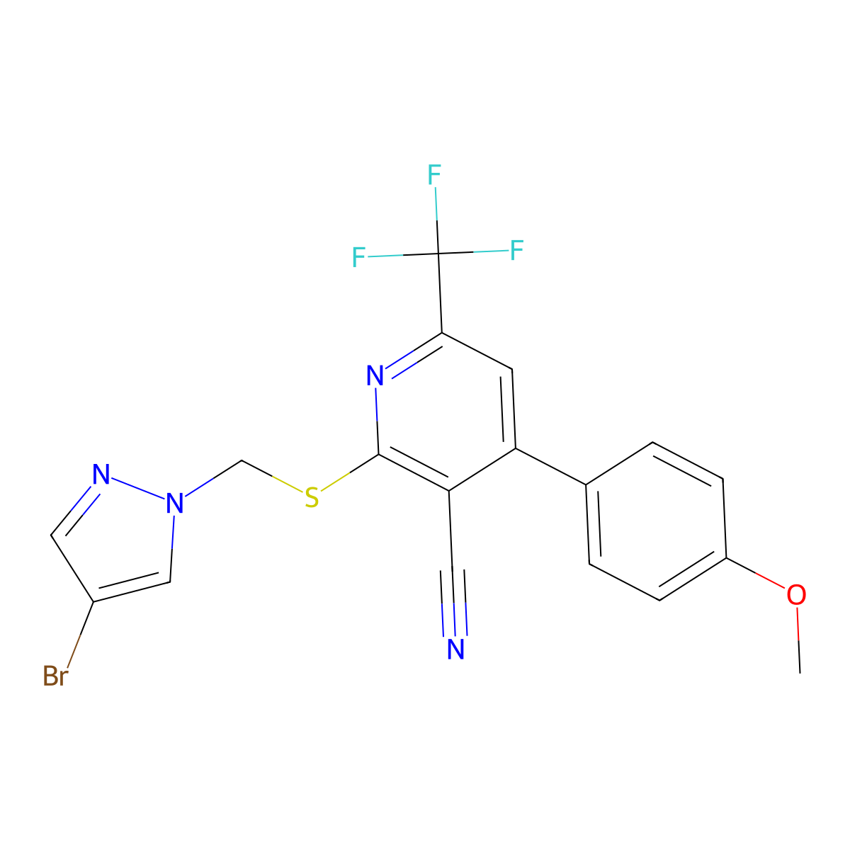 2-[[(4-Bromo-1H-pyrazol-1-yl)methyl]thio]-4-(4-methoxyphenyl)-6-(trifluoromethyl)-3-pyridinecarbonitrile molecular structure, CAS 1005670-64-3