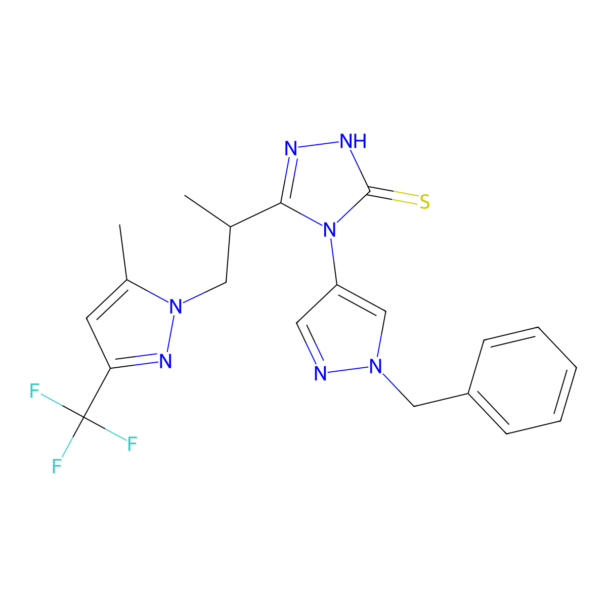 4-(1-benzyl-1H-pyrazol-4-yl)-5-{1-[5-methyl-3-(trifluoromethyl)-1H-pyrazol-1-yl]propan-2-yl}-4H-1,2,4-triazole-3-thiol molecular structure, CAS 1005671-24-8