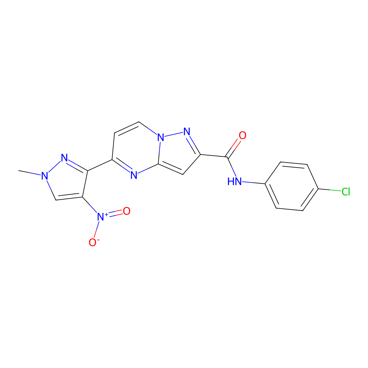 N-(4-chlorophenyl)-5-(1-methyl-4-nitro-1H-pyrazol-3-yl)pyrazolo[1,5-a]pyrimidine-2-carboxamide molecular structure, CAS 1005672-11-6