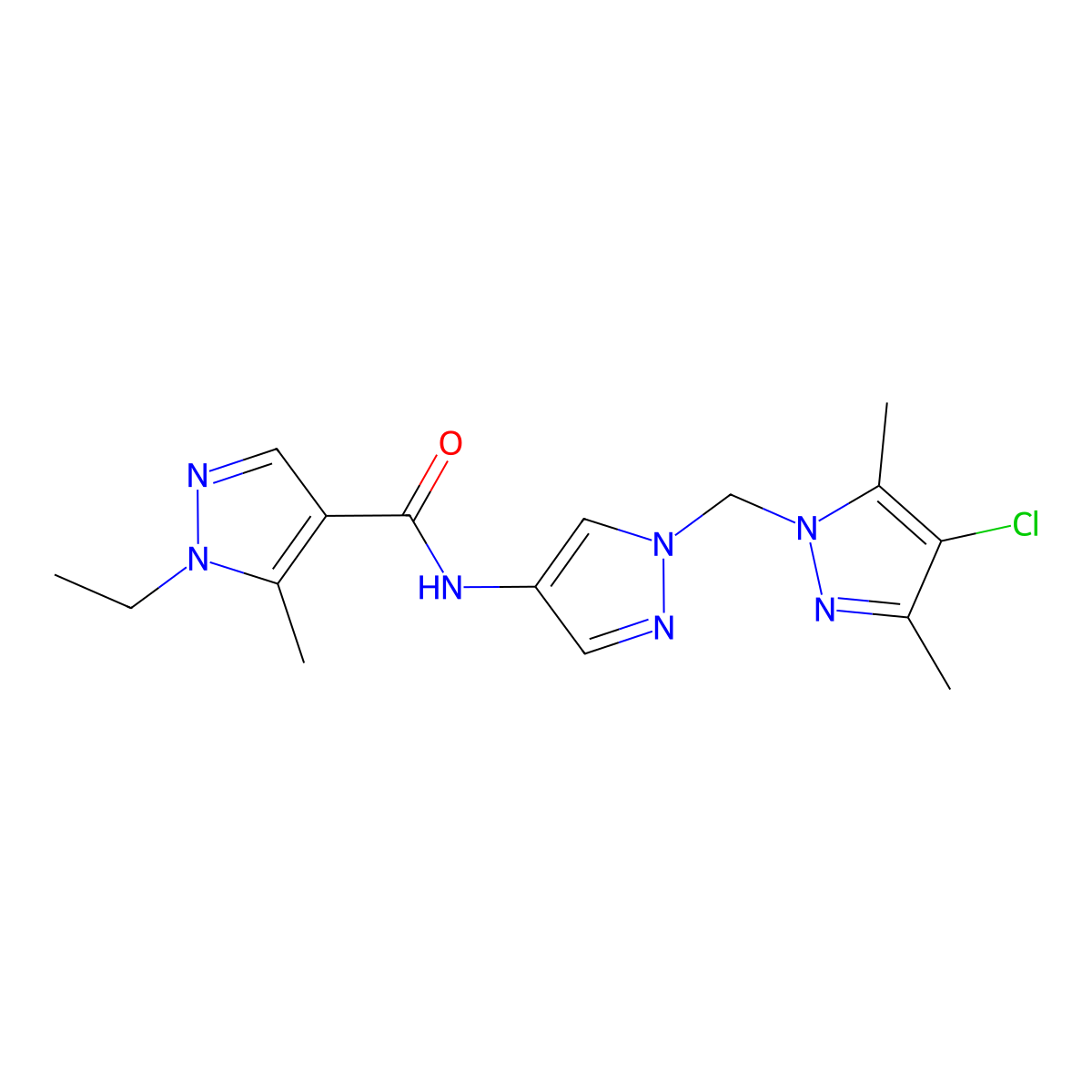 N-[1-[(4-chloro-3,5-dimethylpyrazol-1-yl)methyl]pyrazol-4-yl]-1-ethyl-5-methylpyrazole-4-carboxamide molecular structure, CAS 1005672-16-1