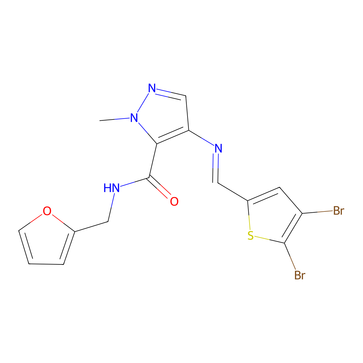 4-{[(E)-(4,5-dibromothiophen-2-yl)methylidene]amino}-N-(furan-2-ylmethyl)-1-methyl-1H-pyrazole-5-carboxamide molecular structure, CAS 1005672-17-2