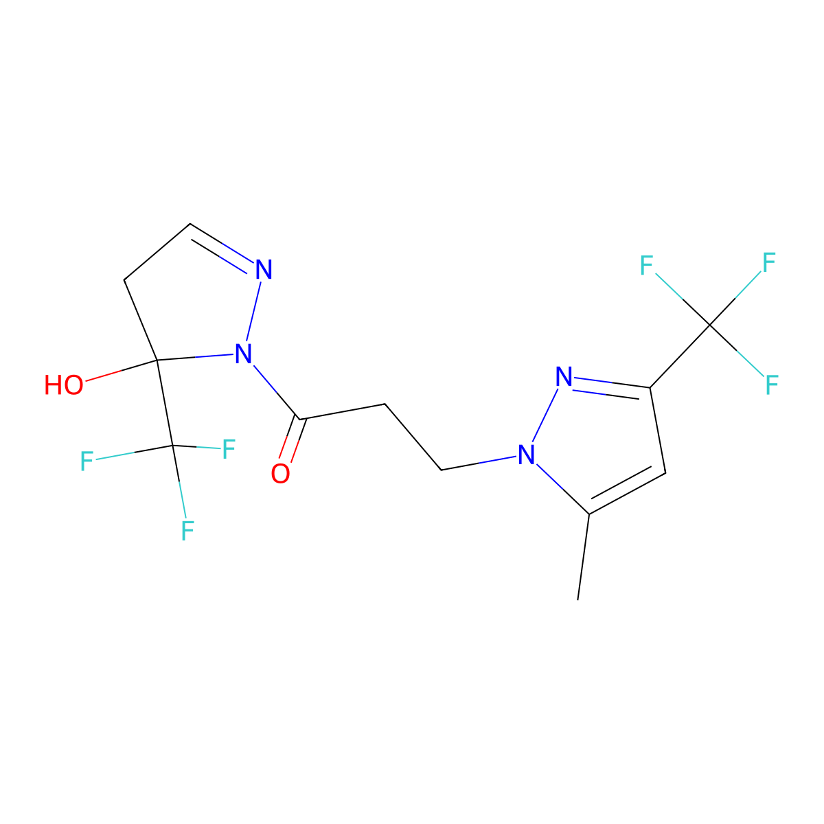 1-[5-hydroxy-5-(trifluoromethyl)-4,5-dihydro-1H-pyrazol-1-yl]-3-[5-methyl-3-(trifluoromethyl)-1H-pyrazol-1-yl]propan-1-one molecular structure, CAS 1005672-41-2
