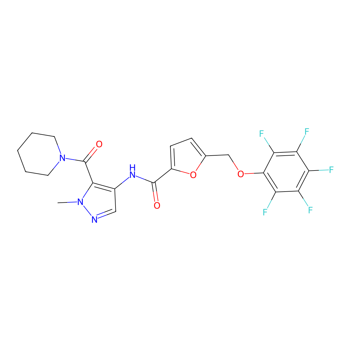 N-[1-methyl-5-(piperidine-1-carbonyl)pyrazol-4-yl]-5-[(2,3,4,5,6-pentafluorophenoxy)methyl]furan-2-carboxamide molecular structure, CAS 1005672-43-4