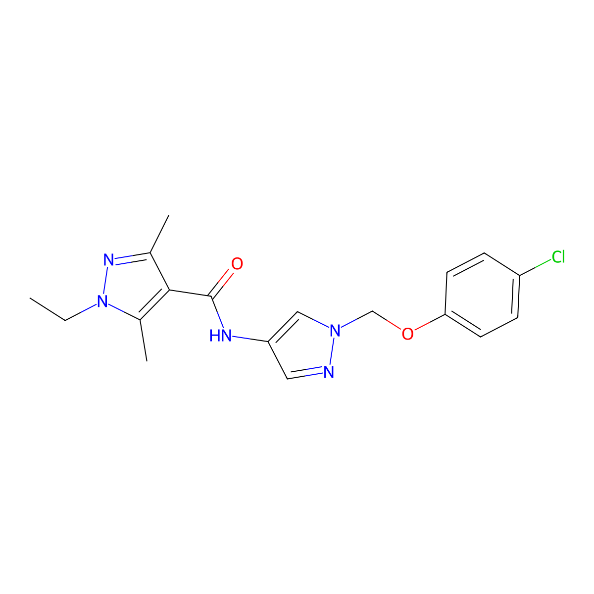 N-[1-[(4-chlorophenoxy)methyl]pyrazol-4-yl]-1-ethyl-3,5-dimethylpyrazole-4-carboxamide molecular structure, CAS 1005672-54-7