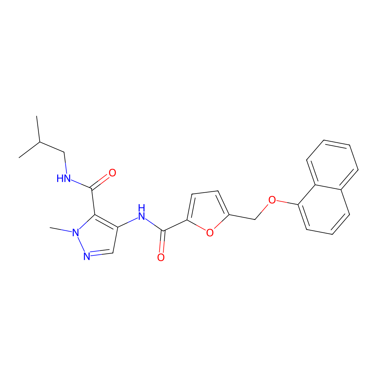 1-methyl-N-(2-methylpropyl)-4-[({5-[(naphthalen-1-yloxy)methyl]furan-2-yl}carbonyl)amino]-1H-pyrazole-5-carboxamide molecular structure, CAS 1005672-91-2