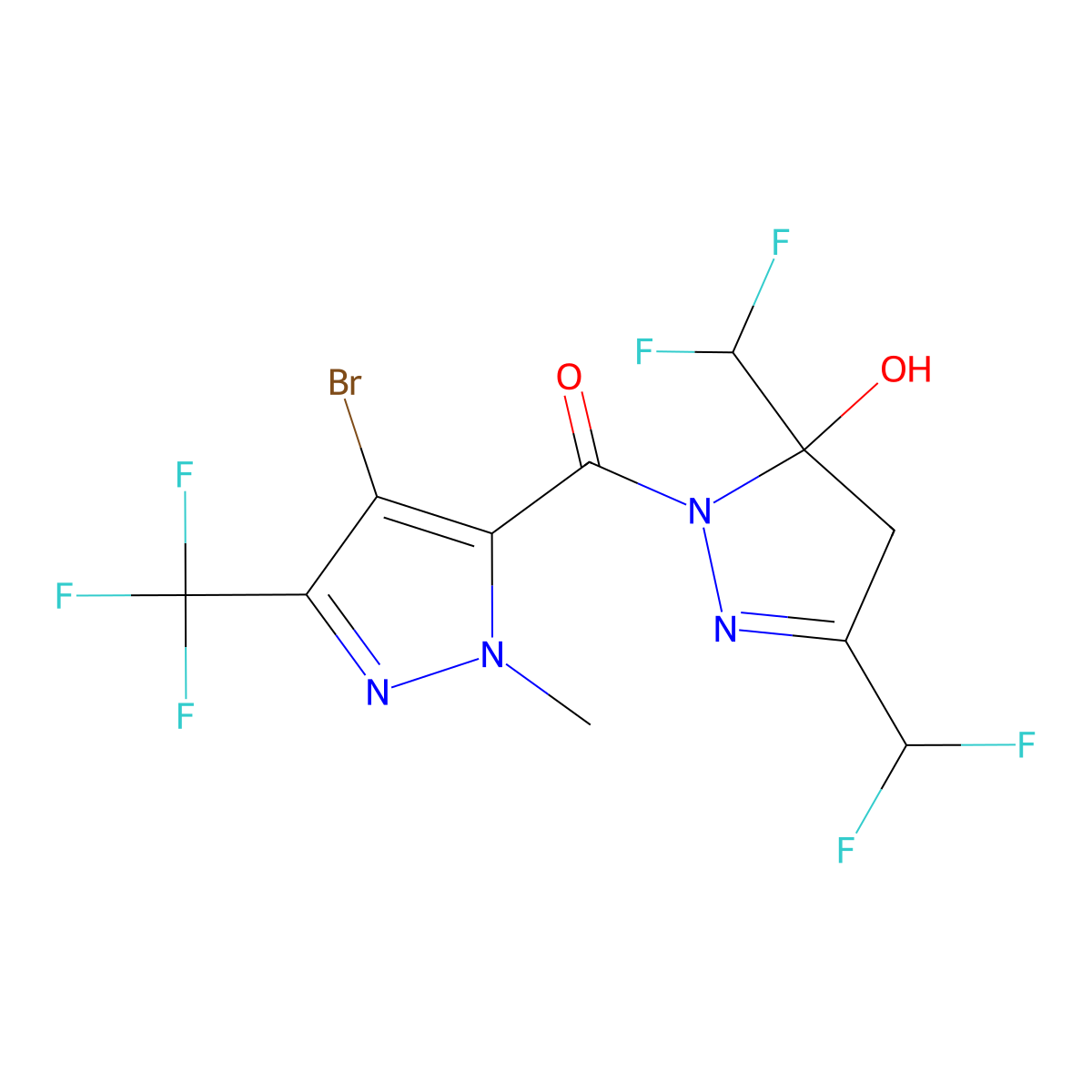[3,5-bis(difluoromethyl)-5-hydroxy-4,5-dihydro-1H-pyrazol-1-yl][4-bromo-1-methyl-3-(trifluoromethyl)-1H-pyrazol-5-yl]methanone molecular structure, CAS 1005673-24-4
