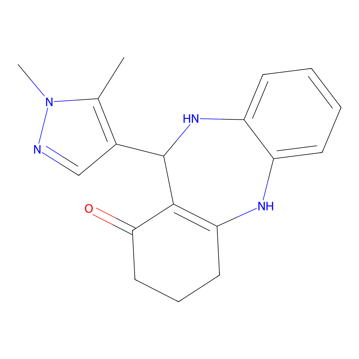 11-(1,5-dimethyl-1H-pyrazol-4-yl)-2,3,4,5,10,11-hexahydro-1H-dibenzo[b,e][1,4]diazepin-1-one molecular structure, CAS 1005673-50-6