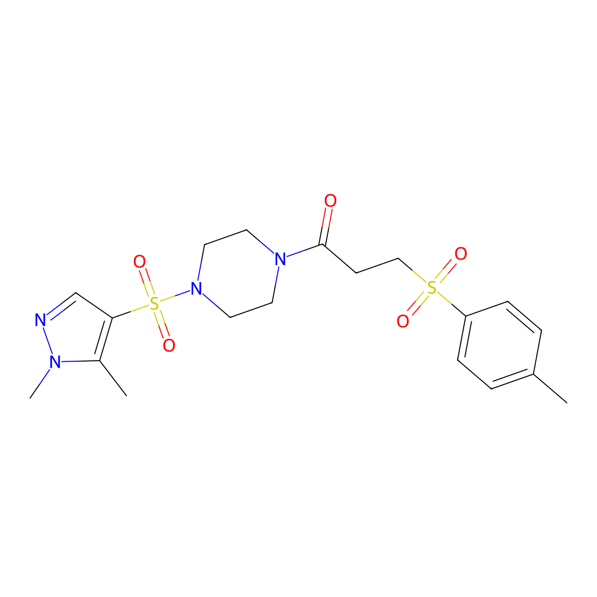 1-{4-[(1,5-dimethyl-1H-pyrazol-4-yl)sulfonyl]piperazin-1-yl}-3-[(4-methylphenyl)sulfonyl]propan-1-one molecular structure, CAS 1005673-91-5