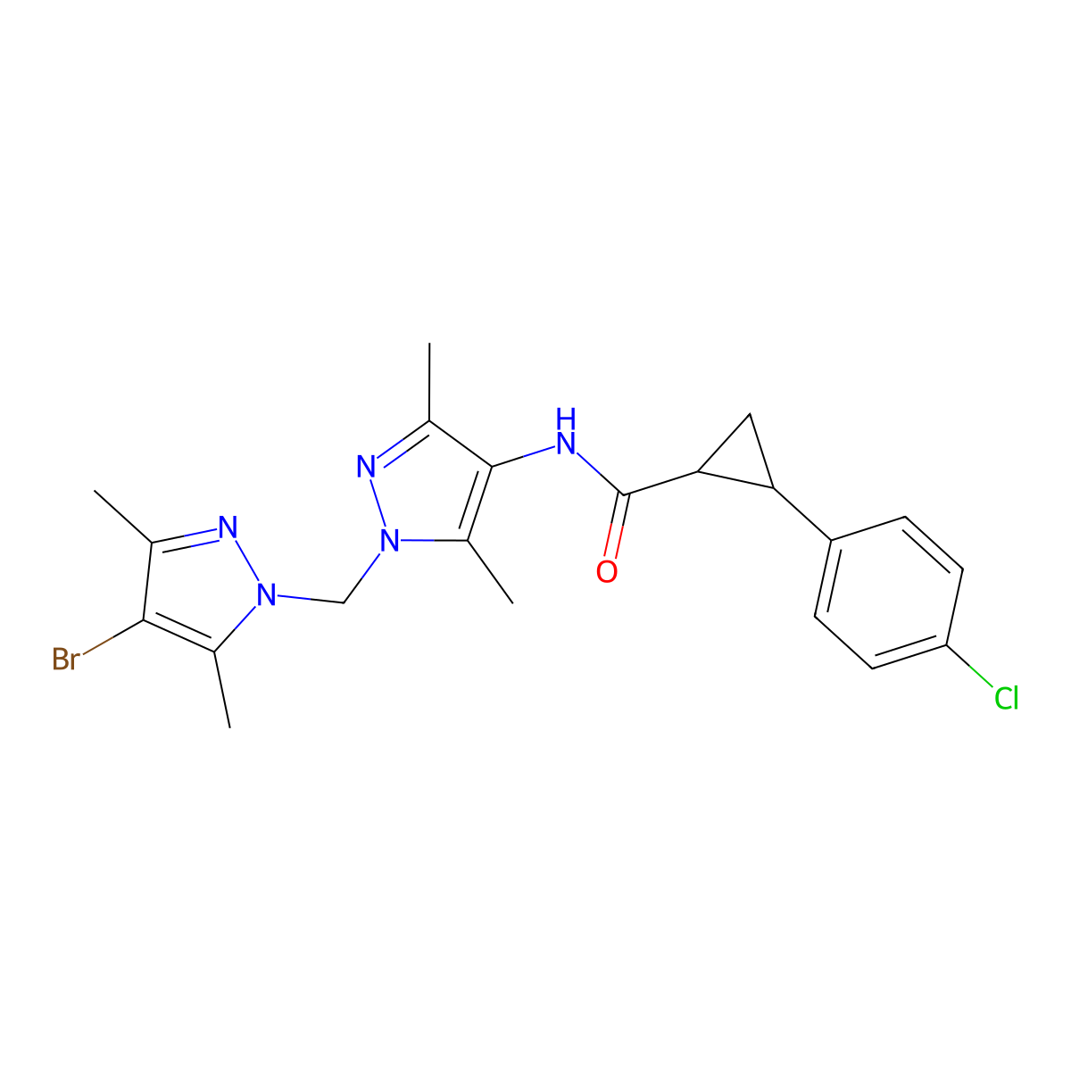 N-{1-[(4-bromo-3,5-dimethyl-1H-pyrazol-1-yl)methyl]-3,5-dimethyl-1H-pyrazol-4-yl}-2-(4-chlorophenyl)cyclopropanecarboxamide molecular structure, CAS 1005673-98-2