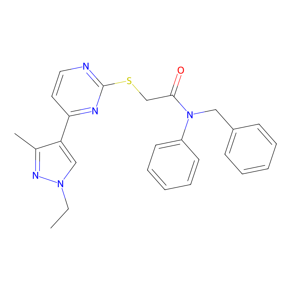 N-benzyl-2-{[4-(1-ethyl-3-methyl-1H-pyrazol-4-yl)pyrimidin-2-yl]sulfanyl}-N-phenylacetamide molecular structure, CAS 1005674-32-7