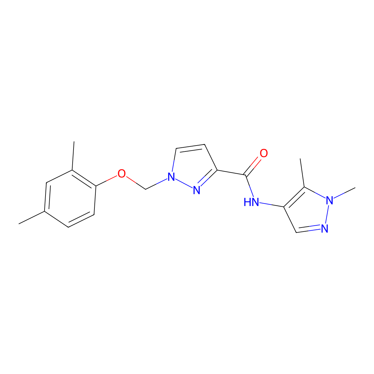 1-[(2,4-dimethylphenoxy)methyl]-N-(1,5-dimethylpyrazol-4-yl)pyrazole-3-carboxamide molecular structure, CAS 1005674-44-1