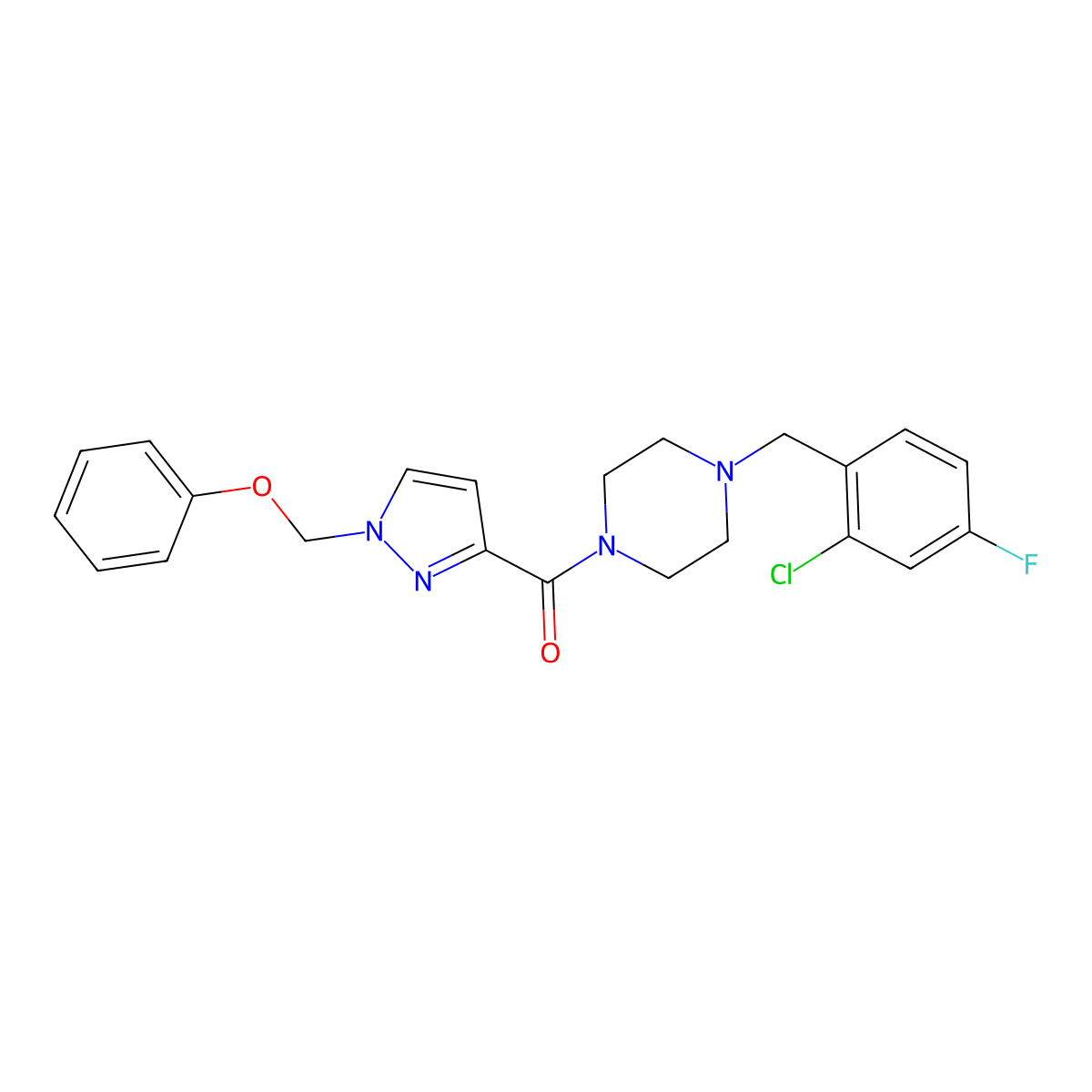 [4-(2-chloro-4-fluorobenzyl)piperazin-1-yl][1-(phenoxymethyl)-1H-pyrazol-3-yl]methanone molecular structure, CAS 1005674-50-9