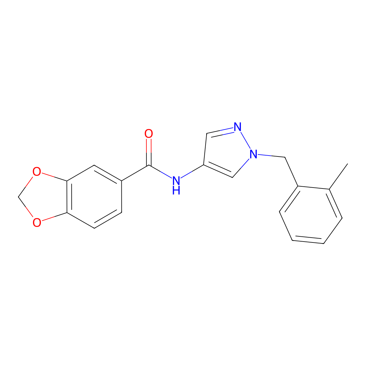 N-[1-(2-methylbenzyl)-1H-pyrazol-4-yl]-1,3-benzodioxole-5-carboxamide molecular structure, CAS 1005674-56-5