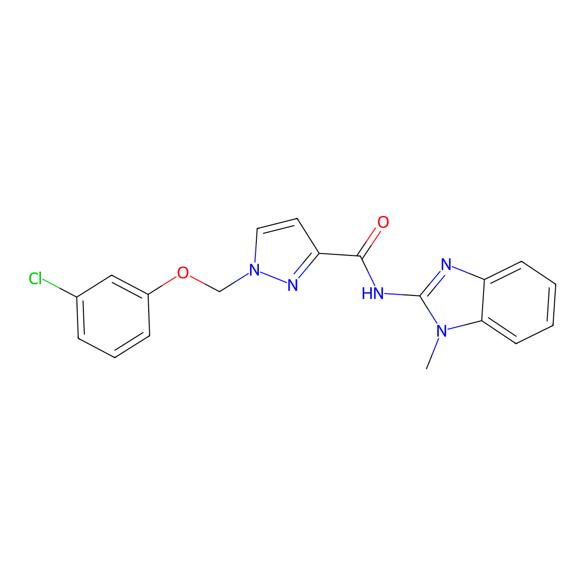 1-[(3-chlorophenoxy)methyl]-N-(1-methylbenzimidazol-2-yl)pyrazole-3-carboxamide molecular structure, CAS 1005674-62-3