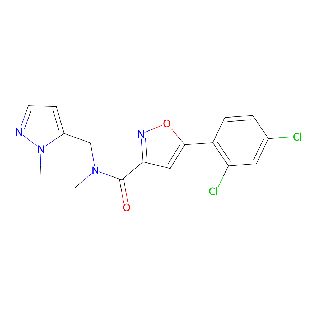 5-(2,4-dichlorophenyl)-N-methyl-N-[(2-methylpyrazol-3-yl)methyl]-1,2-oxazole-3-carboxamide molecular structure, CAS 1005674-86-1