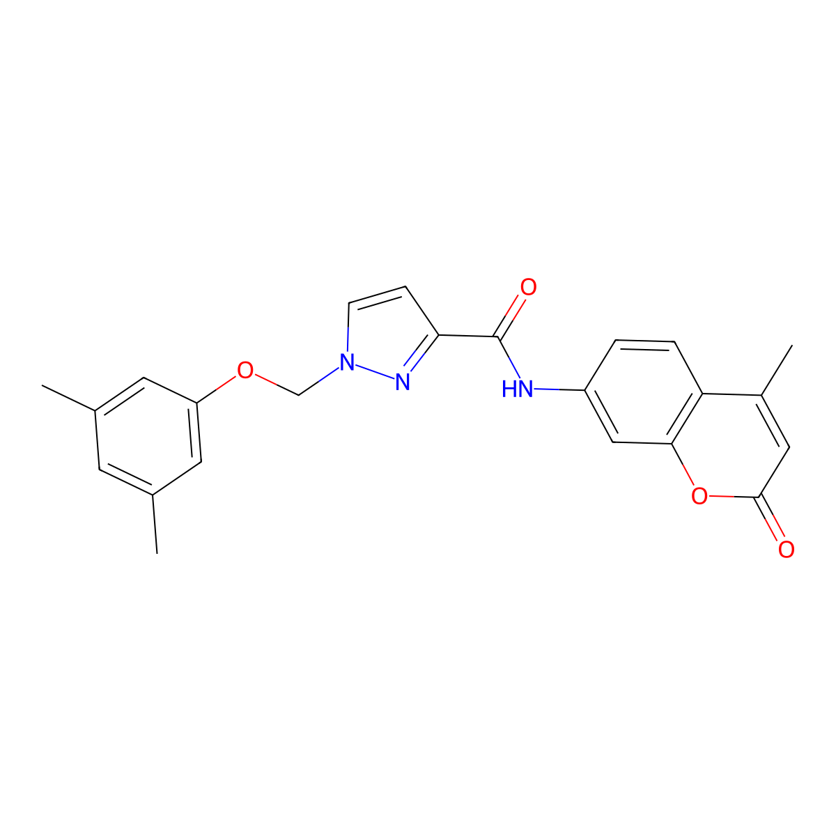 1-[(3,5-dimethylphenoxy)methyl]-N-(4-methyl-2-oxochromen-7-yl)pyrazole-3-carboxamide molecular structure, CAS 1005675-22-8