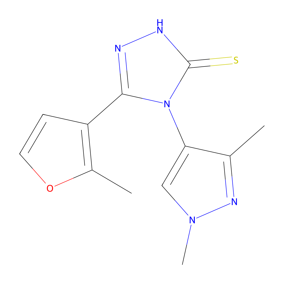 4-(1,3-dimethylpyrazol-4-yl)-3-(2-methylfuran-3-yl)-1H-1,2,4-triazole-5-thione molecular structure, CAS 1005675-50-2